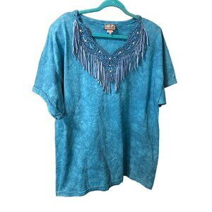 Vintage HANG UPS Blue Tye Dye Western Fringe V-Neck Short Sleeve T-Shirt OS USA
